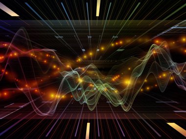 Sanal Evren. Sanal Dalga serisi. Veri transferi, sanal, yapay, matematiksel gerçeklik konularında yatay sinüs dalgaları ve ışık parçacıklarının arkaplan tasarımı.