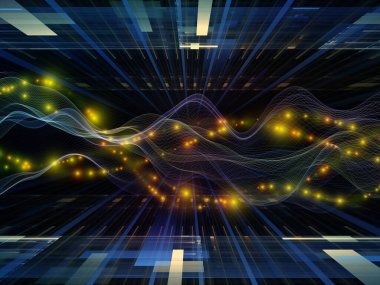 Dijital Dünyalar. Sanal Dalga serisi. Veri transferi, sanal, yapay, matematiksel gerçeklik projelerinde kullanılacak yatay sinüs dalgaları ve ışık parçacıklarının arkaplanı.