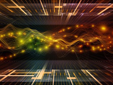 Sanal gerçeklik. Sanal Dalga serisi. Veri transferi ile ilişkili yatay sinüs dalgaları ve ışık parçacıklarının bileşimi, sanal, yapay, matematiksel gerçeklik.