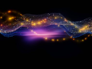 Dijital Dünyalar. Sanal Dalga serisi. Veri transferi, sanal, yapay, matematiksel gerçeklik konularındaki yatay sinüs dalgaları ve ışık parçacıklarının arkaplan bileşimi.