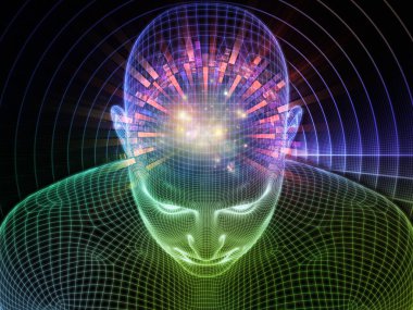 Parlak Düşünce. Bilinçli Zihin serisi. Yapay zeka, insan bilinci ve manevi yapay zeka için 3 boyutlu parlayan tel örgü insan yüzü bileşimi