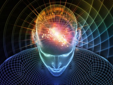 Dijital boşluk. Bilinçli Zihin serisi. Yapay zeka, insan bilinci ve ruhani yapay zekanın metaforu olarak parlayan tel örgü insan yüzünün üç boyutlu bir tasarımı.