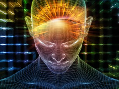 Sanal gerçeklik. Bilinçli Zihin serisi. Yapay zeka, insan bilinci ve manevi yapay zeka ile ilişkili olarak parlayan tel örgü insan yüzünün 3 boyutlu görüntülenmesi.