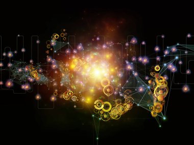 Gelecek Bağlantı serisi. Modern teknoloji, ağ oluşturma, telekomünikasyon ve bilim konularındaki karanlık arka plana karşı ağ çizgileri, ışıklar ve semboller.