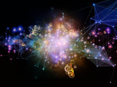 Gelecek Bağlantı serisi. Ağ hatlarının, ışıkların ve sembollerin modern teknoloji, ağ oluşturma, telekomünikasyon ve bilim konularındaki karanlık arka plana karşı düzenlenmesi.