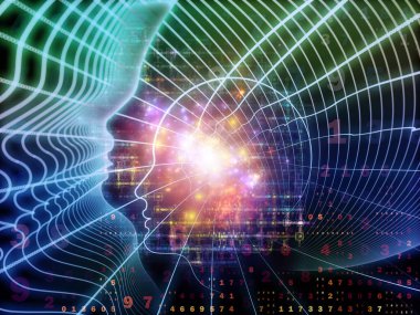 Zihin serisinin doğuşu. Genel yapay zeka ve modern teknoloji üzerine insan kafası siluetleri ve sayı şebekelerinin arka planı.