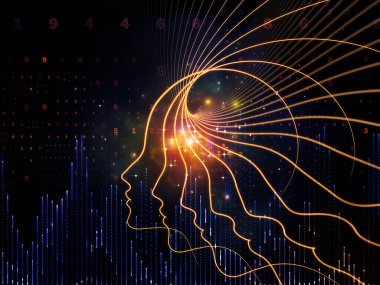 Zihin serisinin doğuşu. Genel yapay zeka ve modern teknoloji üzerine insan kafası siluetleri ve sayı şebekelerinin arka planı.