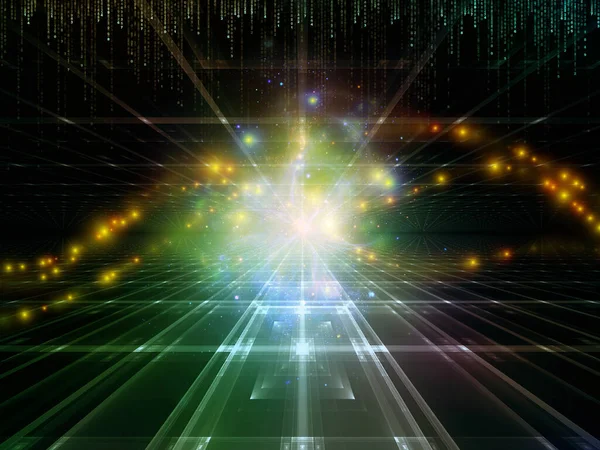 Illustration Virtual Space Using Fractal Grids Lights Overlay Matrix Numbers — Stock Photo, Image