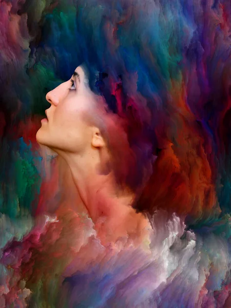 Woman\'s World series. Interplay of female portrait fused with vibrant paint on the subject of feelings, emotions, inner world, creativity and imagination