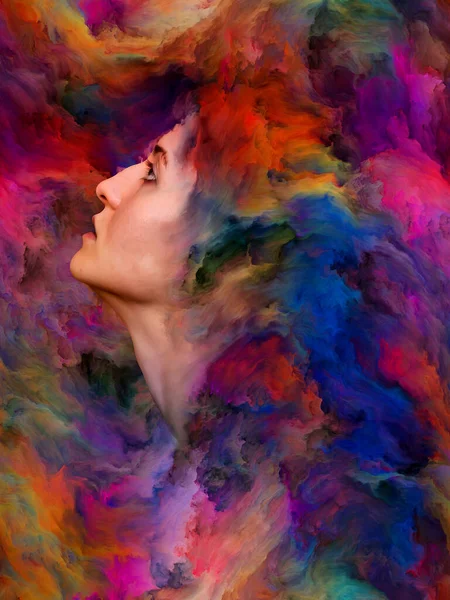 Kadınlar Dünya Serisi. Duygular, duygular, iç dünya, yaratıcılık ve hayal gücü konularında bir metafor olarak kadın portresinin canlı resimlerle kaynaşmış yaratıcı düzenlemesi.