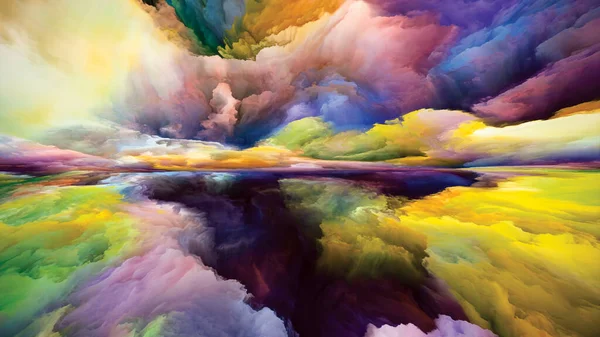 色の死後 心の風景 シリーズ 創造性と想像力の主題のための明るい塗料 運動勾配とシュールな山と雲の構成 — ストック写真