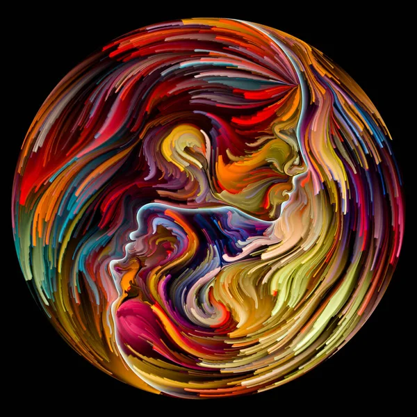 Soul Mates series. Indistinct male, female facial features joined into yin yang shape symbol with brushstrokes of digital paint. Illustration on subject of love, romance, art and forces in Nature.
