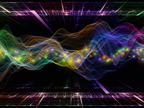 Överföring Rymden Virtual Wave Serien Rendering Horisontella Sinusvågor Och Ljuspartiklar — Stockfoto