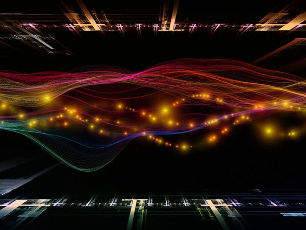 仮想マイクロワールド 仮想波シリーズ データ転送 数学的現実に関連する水平正弦波と光粒子の3Dイラスト — ストック写真