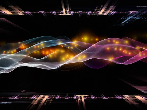 バーチャル ユニバース 仮想波シリーズ データ転送 数学的現実をテーマとした水平正弦波と光粒子の背景デザイン — ストック写真