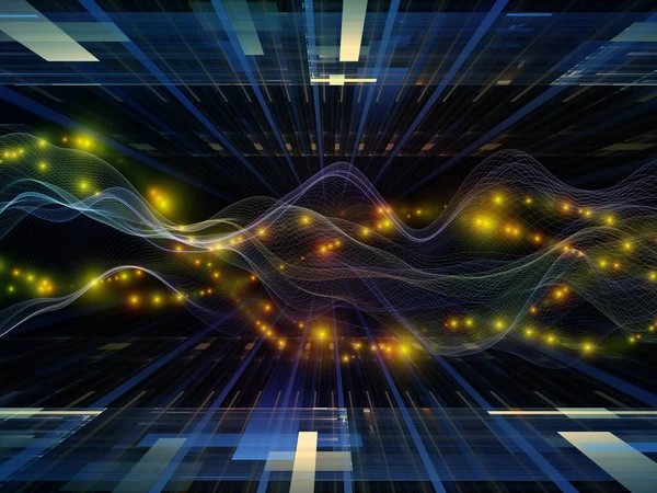 デジタルワールド 仮想波シリーズ データ転送 数学的現実上のプロジェクトで使用するための水平正弦波と光粒子の背景 — ストック写真