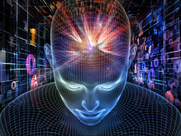 デジタル空間 Lucid Mindシリーズ 人工知能 人間の意識 精神的なAiのメタファーとしての輝くワイヤメッシュ人間の顔の3Dレンダリングで構成されるデザイン — ストック写真