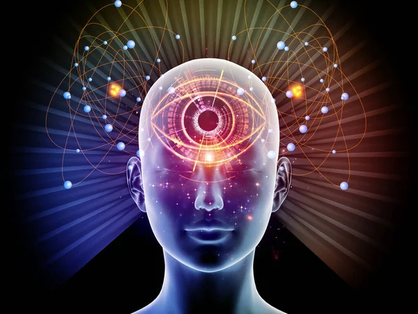 人間の頭の3Dレンダリングの構成 人工知能 現代技術 人間の心の主題に関するフラクタル要素と様式化された目 — ストック写真