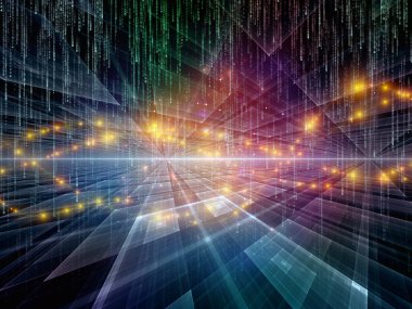 Matematik, geometri, bilim, eğitim ve iletişim teknolojisi konularında matris numaralarının üst üste bindirildiği fraktal şebekeler ve ışıklar kullanılarak sanal uzayın 3D çizimi.