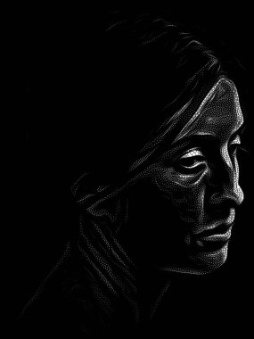 Benekli Portre serisi. Sanat, iç dünya ve insan ruhu üzerine geleneksel noktacı tarzıyla çizilmiş genç bir kadının yüzü..