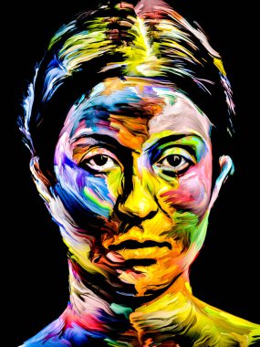 Renk serisi insanları. Yaratıcılık, hayal gücü ve sanat konularında genç bir kadının renkli soyut portresi.