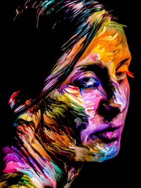 Renk serisi insanları. Yaratıcılık, hayal gücü ve sanat konularında genç bir kadının renkli soyut portresi.