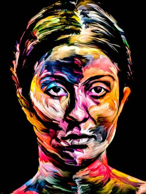 Canlı bir kadın. Yüz boyama serisi. Yaratıcılık, hayal gücü, resim ve görsel sanat teması üzerine siyah tuval üzerinde genç bir kadının renkli portresinin düzenlenmesi