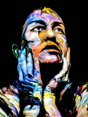 Çok renkli kadın. Yüz boyama serisi. Yaratıcılık, hayal gücü, resim ve görsel sanatın metaforu olarak siyah tuval üzerinde genç bir kadının renkli portresinden oluşan tasarım.