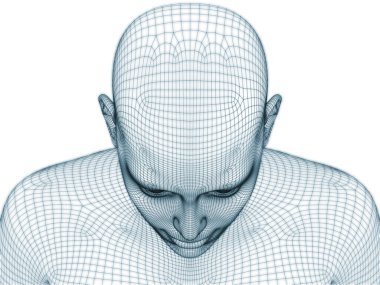 İnsan kafası ve yüzünün üç boyutlu görüntülenmesi illüstrasyon ve tasarım için tel örgüsü olarak kullanılacak