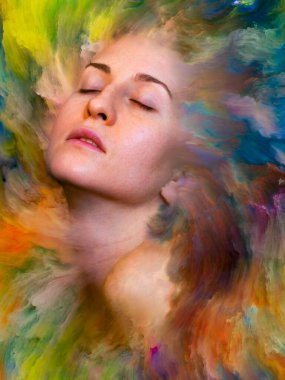 Dünya serisi. Duygular, duygular, iç dünya, yaratıcılık ve hayal gücü konularında bir metafor olarak kadın portresiyle birleştirilmiş bir tasarım.