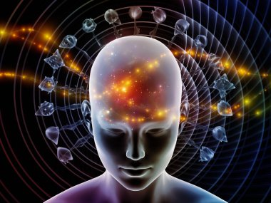 3d İllüstrasyon. Mind Halo serisi. Düşünme, beyin aktivitesi, yapay zeka, zihinsel kaynaklar ve iç dünya konusunda soyut unsurlar yayılan arka plan karşı 3d insan kafası.
