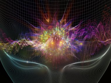 Zihin dalgası serisi. Bilinç, akıl, düşünce ve iç dünya üzerine soyut ışık dalgalarıyla insan yüzünün kablo çerçevesi..