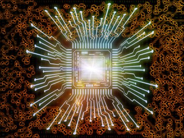 Bilgisayar bilimi ve modern teknoloji üzerine rakamlar ve işlemci kompozisyonu