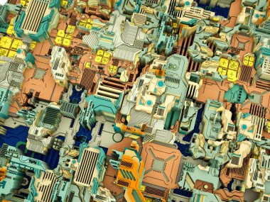 Yer Değiştirme Dünyası serisi. Bilim, modern teknoloji ve eğitim konularında soyut teknolojik örüntünün 3 boyutlu yorumlanması.