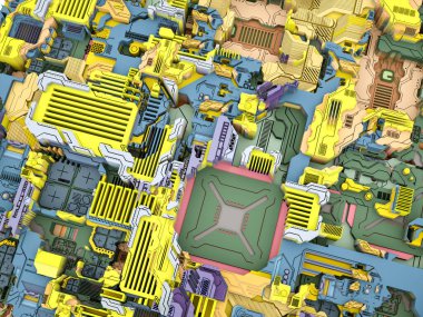 Yer Değiştirme Dünyası serisi. Bilim, modern teknoloji ve eğitim konularında soyut teknolojik örüntünün 3 boyutlu yorumlanması.