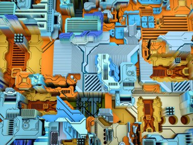 Yer Değiştirme Dünyası serisi. Bilim, modern teknoloji ve eğitim konularında soyut teknolojik örüntünün 3 boyutlu yorumlanması.