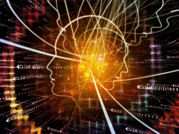 Düşünme serisinin yörüngeleri. İnsan kafasının 3 boyutlu yorumlanması ve teknoloji ve eğitim konusunun ana hatları.