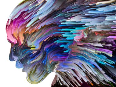 Rahatsız edici Düşünceler serisi. Sıvı boya insan yüzü siluetinde hareket halinde. İç dünya, zihin, psikoloji, depresyon, anksiyete, zihinsel hastalık, yaratıcılık ve soyut sanat konularındaki sanat çalışmaları.