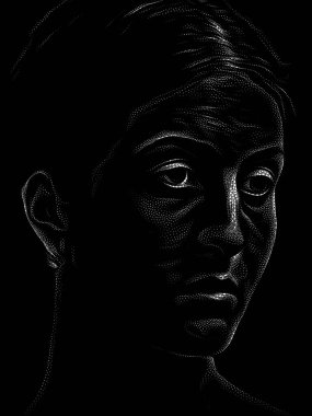 Kişilik Çalışmaları serisi. Noktalama Resim Tekniği, bir karakterin siyah ve beyaz fotoğrafçılıktan bile daha büyük yönlerini vurgular..