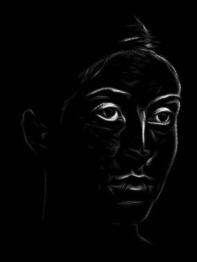 Benekli Portre serisi. Sanat, iç dünya ve insan ruhu üzerine geleneksel noktacı tarzıyla yapılmış genç bir kadının yüzünü kapatın..