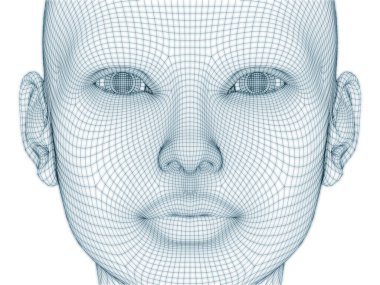İnsan kafası ve yüzünün üç boyutlu görüntülenmesi illüstrasyon ve tasarım için tel örgüsü olarak kullanılacak