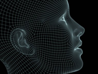 Teknoloji, eğitim ve bilgisayar bilimleri illüstrasyonlarında kullanılmak üzere insan yüzünün tel örgüsü içinde 3B görüntüsü