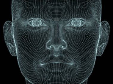 Teknoloji, eğitim ve bilgisayar bilimleri illüstrasyonlarında kullanılmak üzere insan kafasının tel örgüsü içinde 3B görüntüsü