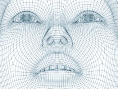 İnsan kafası ve yüzünün üç boyutlu görüntülenmesi illüstrasyon ve tasarım için tel örgüsü olarak kullanılacak