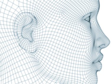 İnsan kafası ve yüzünün üç boyutlu görüntülenmesi illüstrasyon ve tasarım için tel örgüsü olarak kullanılacak