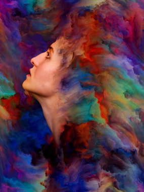 Kadınlar Dünya Serisi. Arkaplan, canlı boyayla kaynaşmış kadın portresinden oluşuyor ve duygular, iç dünya, yaratıcılık ve hayal gücü projelerinde kullanılmaya uygun.