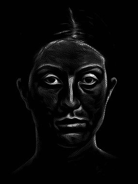 Benekli Portre serisi. Sanat, iç dünya ve insan ruhu üzerine geleneksel noktacı tarzıyla çizilmiş genç bir kadının yüzü..