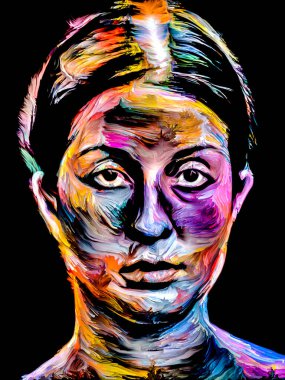 Renk serisi insanları. Yaratıcılık, hayal gücü ve sanat konularında genç bir kadının renkli soyut portresi.