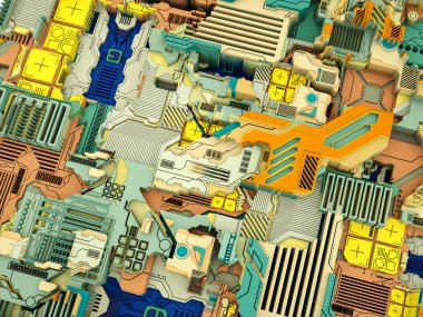 Yer Değiştirme Dünyası serisi. Bilim, modern teknoloji ve eğitim konularında soyut teknolojik örüntünün 3 boyutlu yorumlanması.