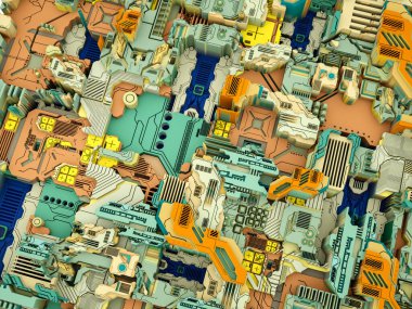 Yer Değiştirme Dünyası serisi. Bilim, modern teknoloji ve eğitim konularında soyut teknolojik örüntünün 3 boyutlu yorumlanması.